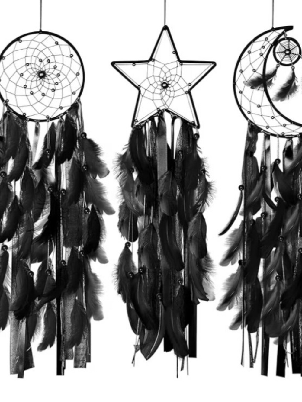 New 3 Pc Monochrome Black Moon Star & Sun Woven Wall Hanging Feather Set Boho